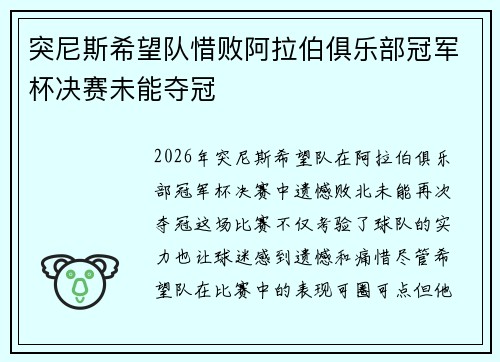 突尼斯希望队惜败阿拉伯俱乐部冠军杯决赛未能夺冠